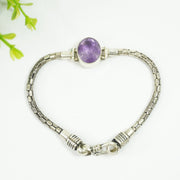 Amethyst Silver Bracelet - Oval Beads with Band