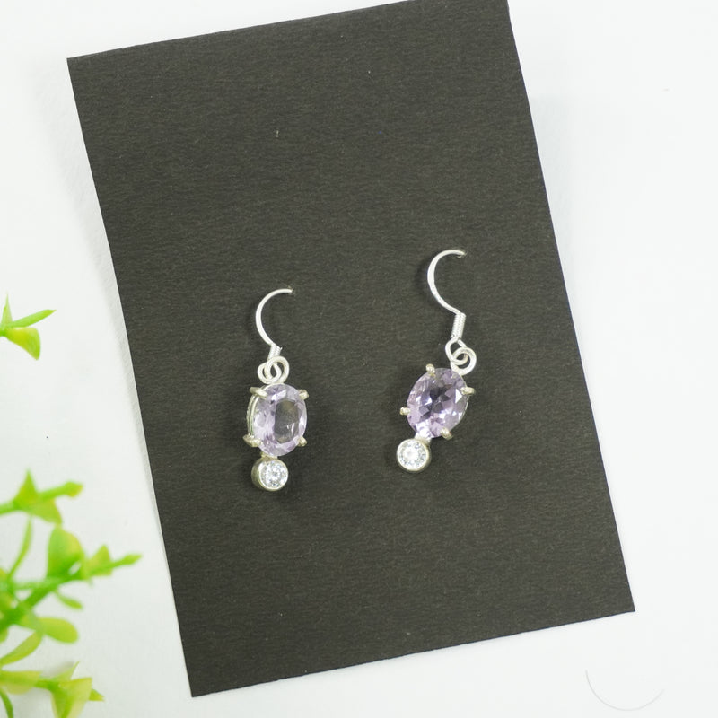 Amethyst Silver Earring - Oval with White American Diamond