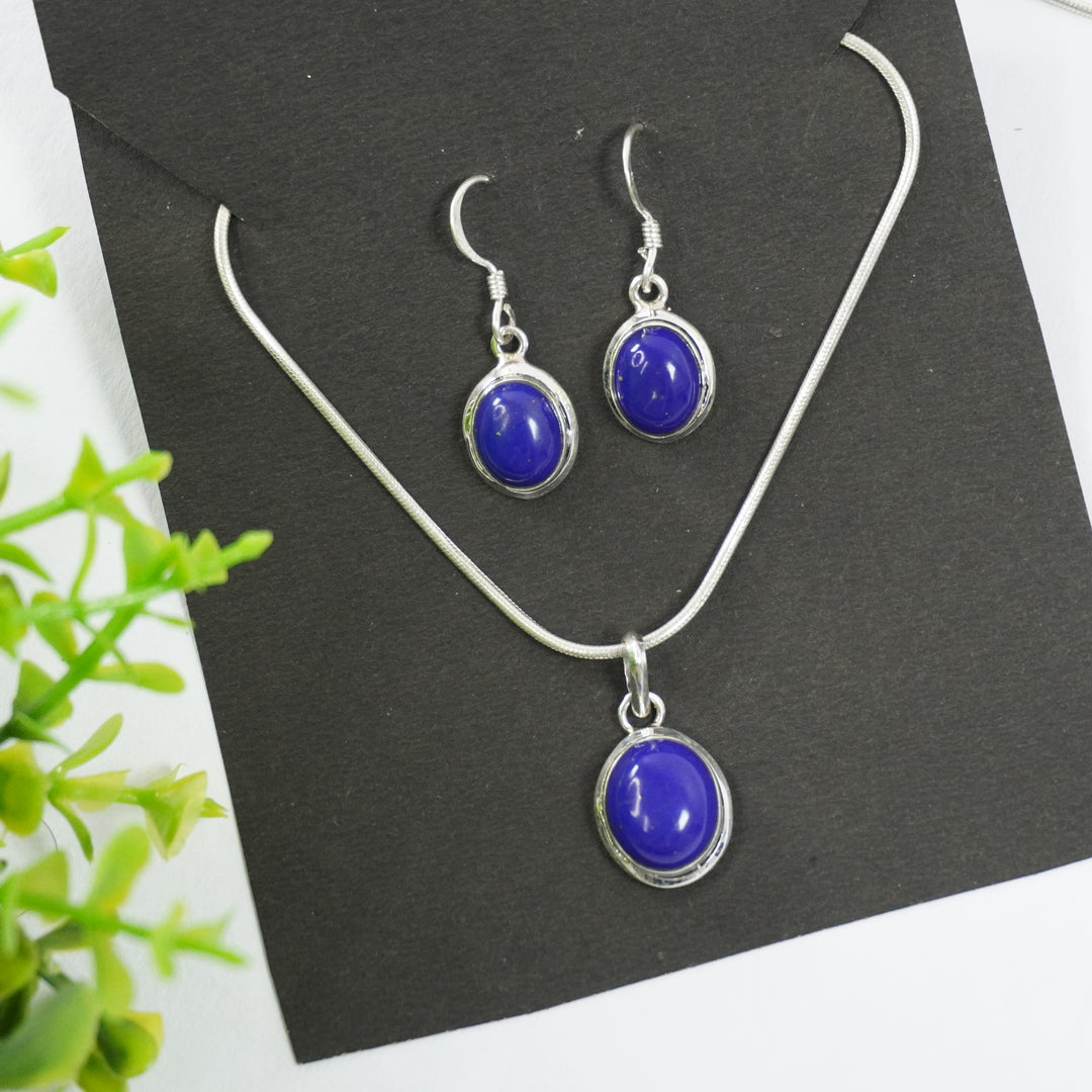 Lapis lazuli Silver Pendant and Earrings - Small Oval