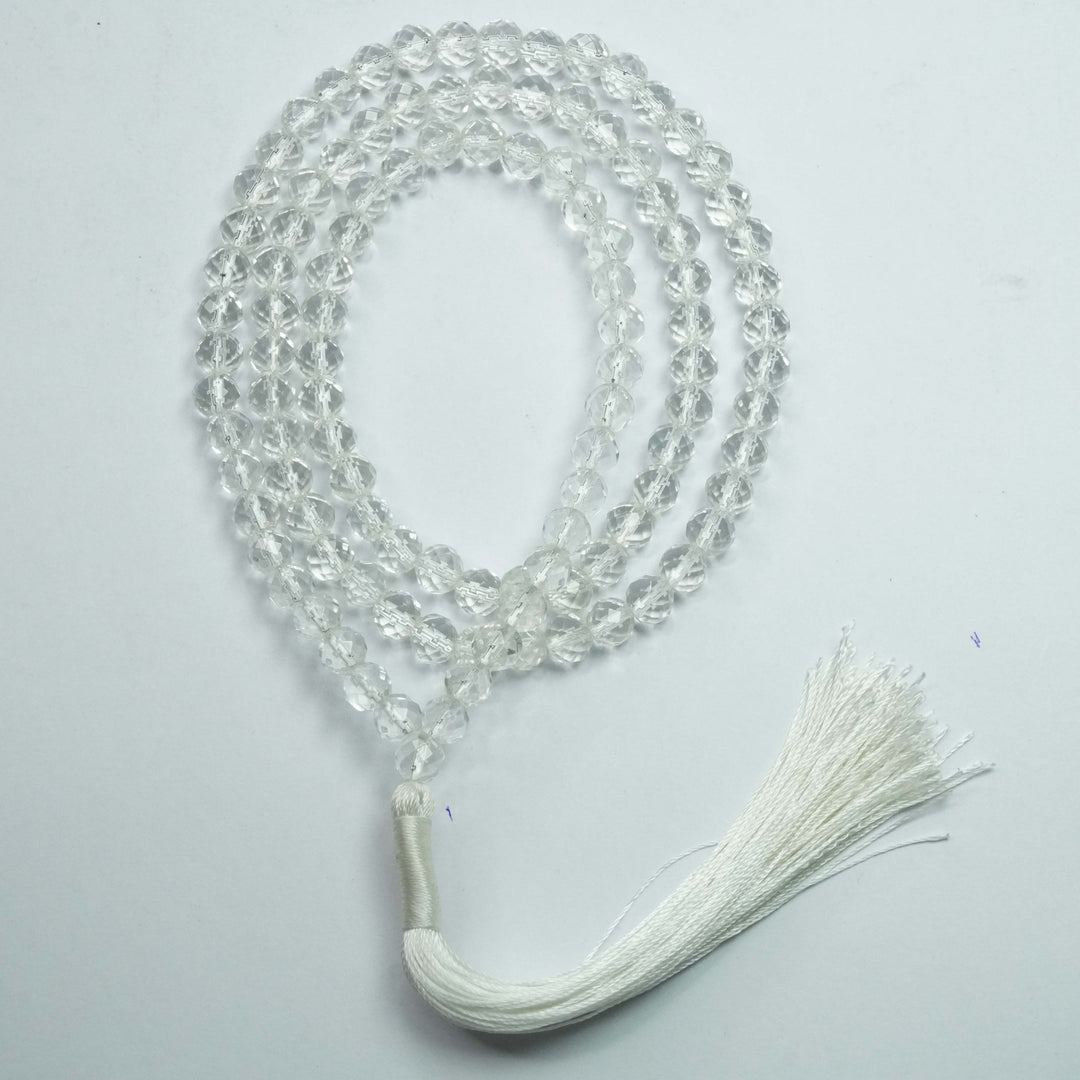 Clear Quartz (Spatika) Japamala: Spiritual Awareness - Round Cut Beads 8mm