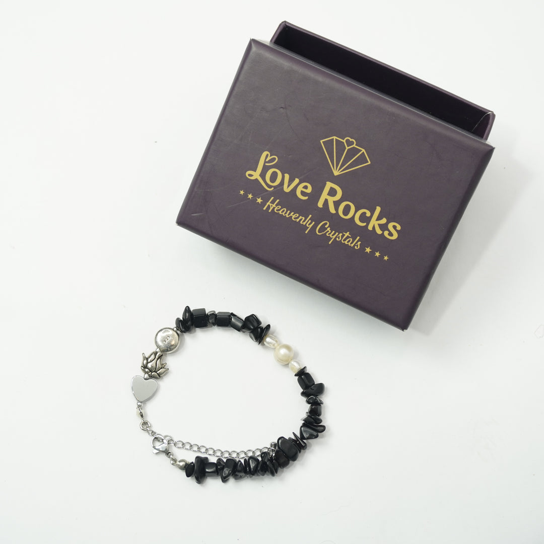 Black Tourmaline Bracelet: Lotus and Heart Charm