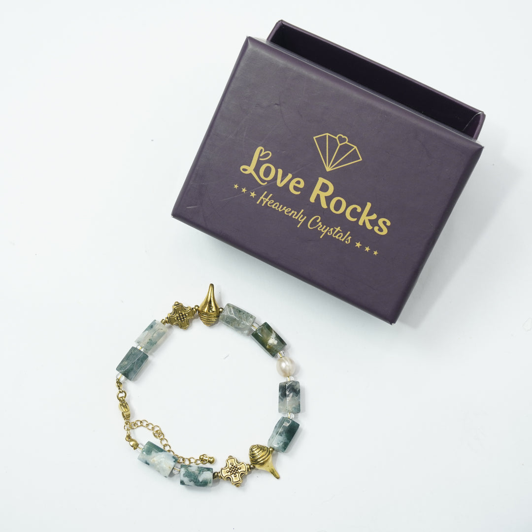 Green Moss Agate Bracelet: Plus and Conch Charms