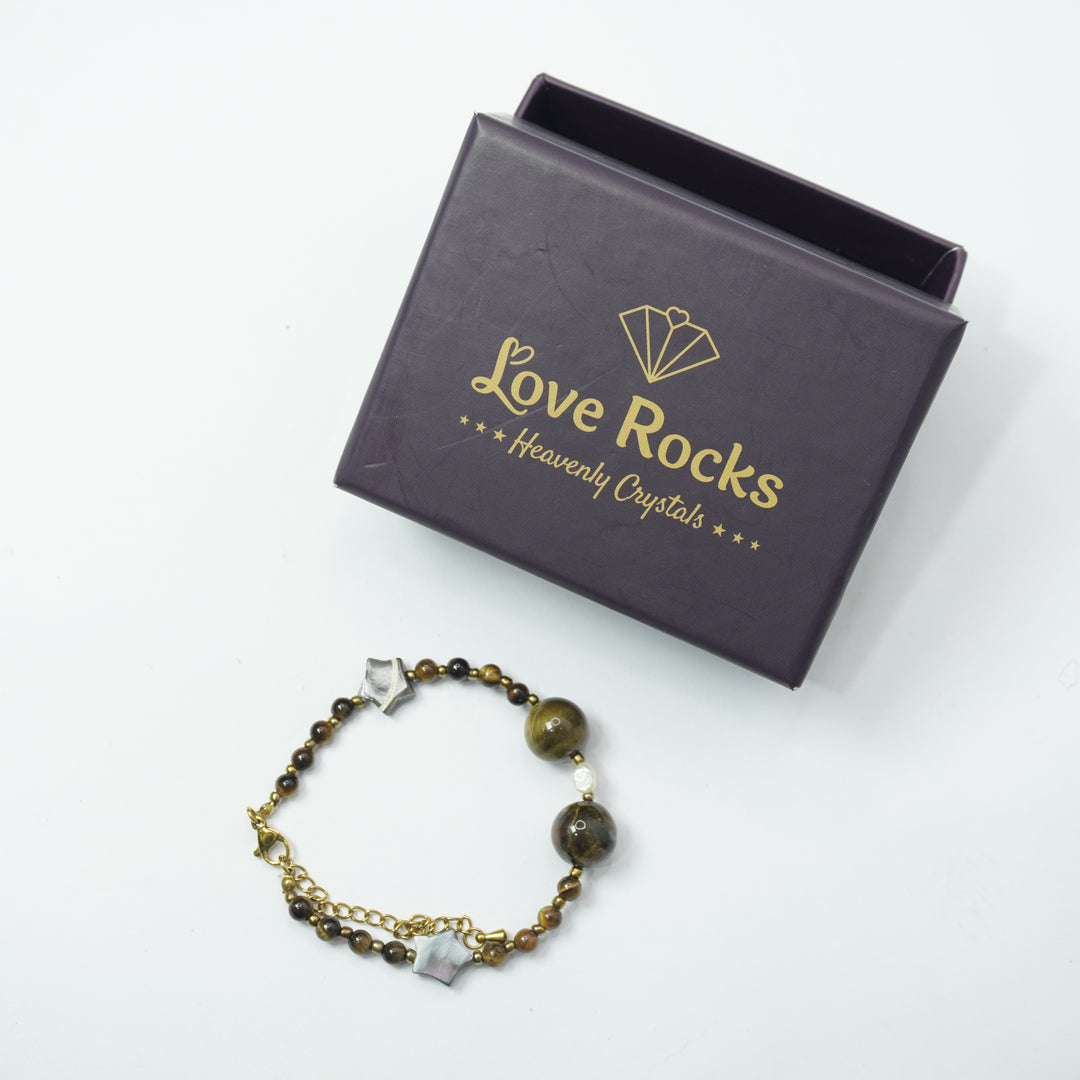 Tiger's Eye Bracelet: Pearl and Star Charms