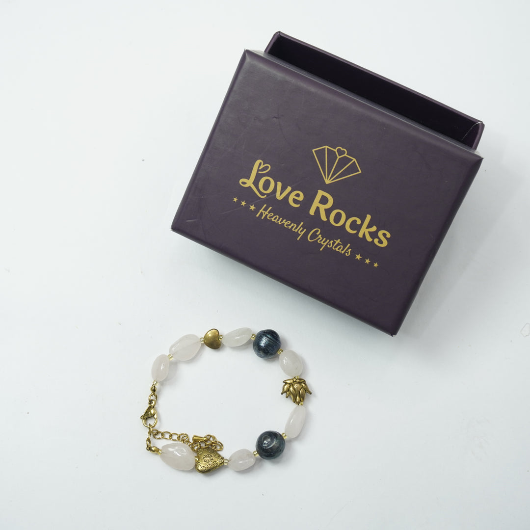 Rose Quartz Bracelet: Heart and Lotus Charms