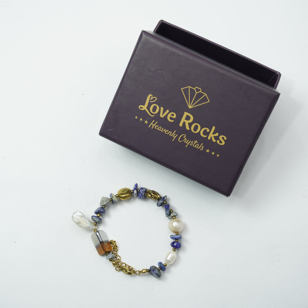 Lapis Lazuli Bracelet: Lotus and Heart Charms