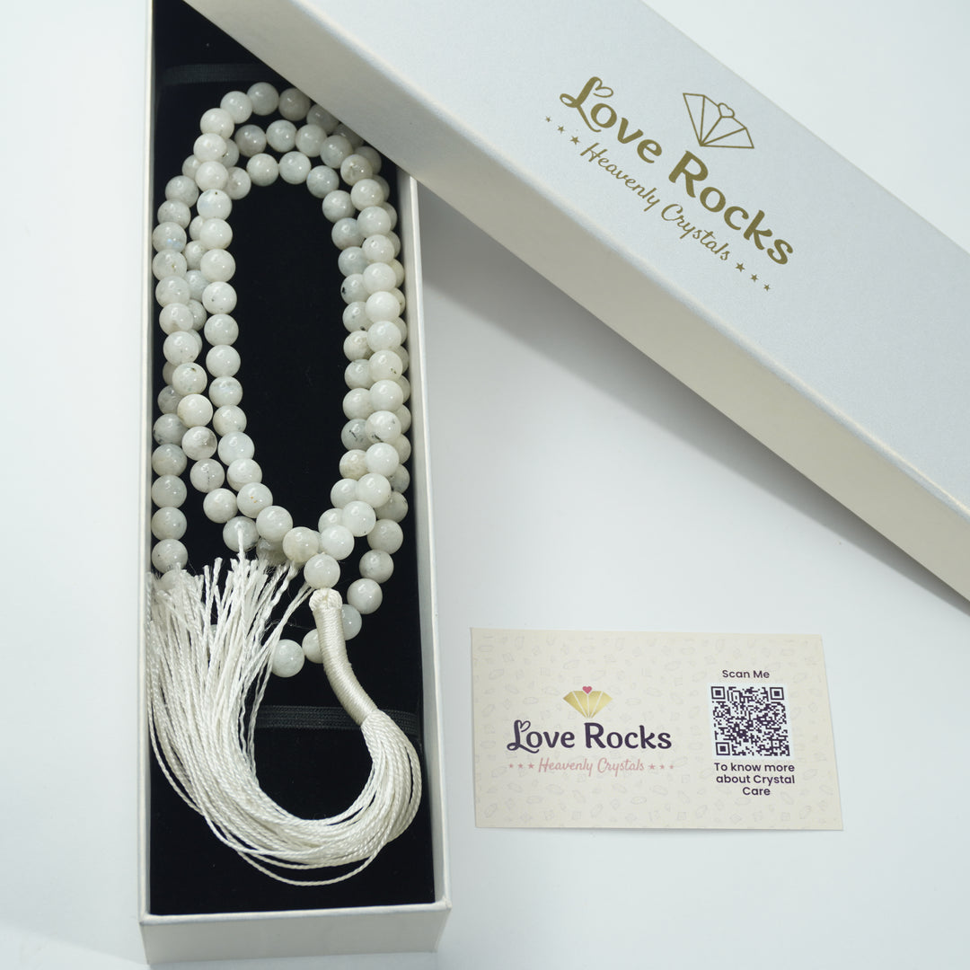 Rainbow Moonstone Japamala: Intuition and Divine Feminine Energy