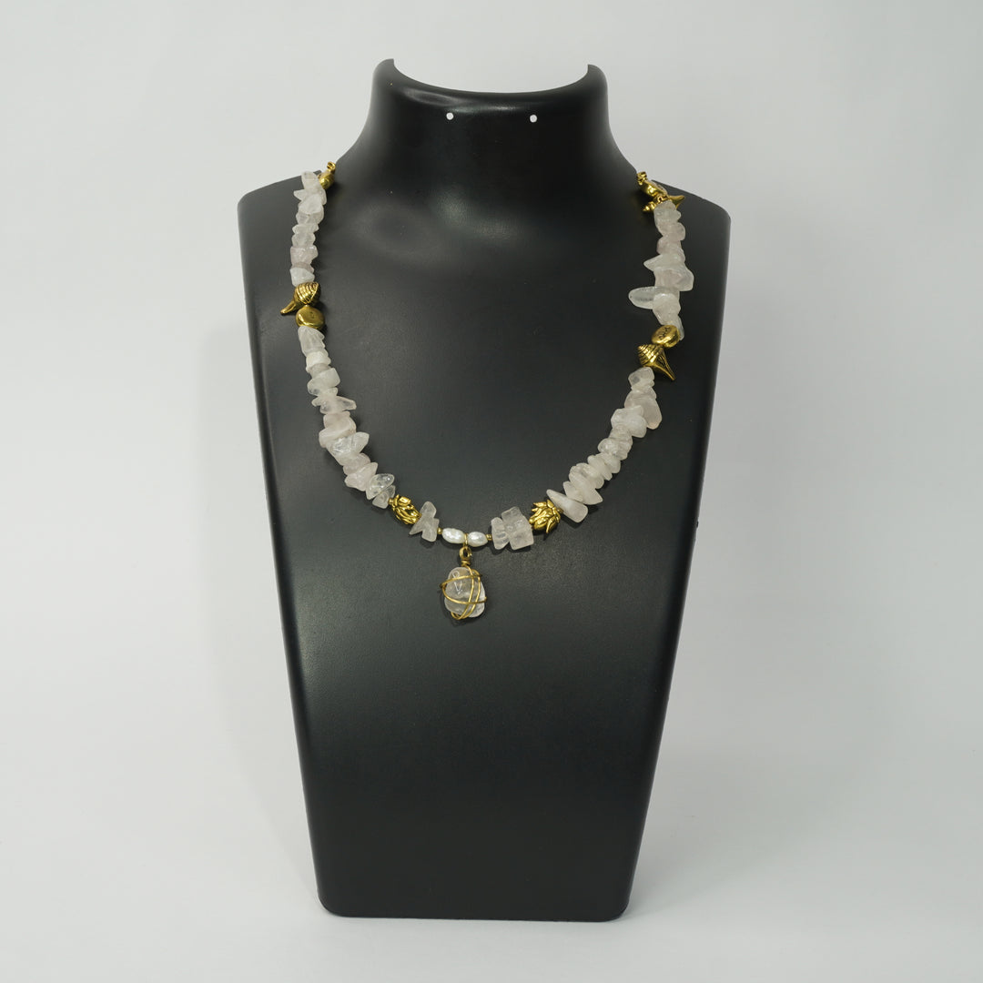 Rose Quartz Necklace: Lotus, Conch and Heart Charms