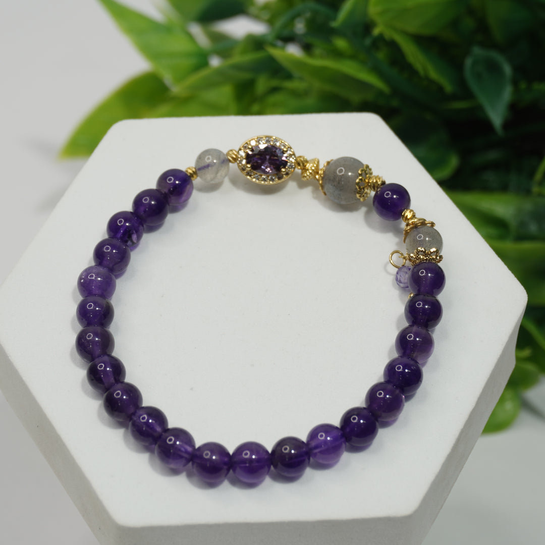 Amethyst & Grey Moonstone Bracelet: Intuition & Protection
