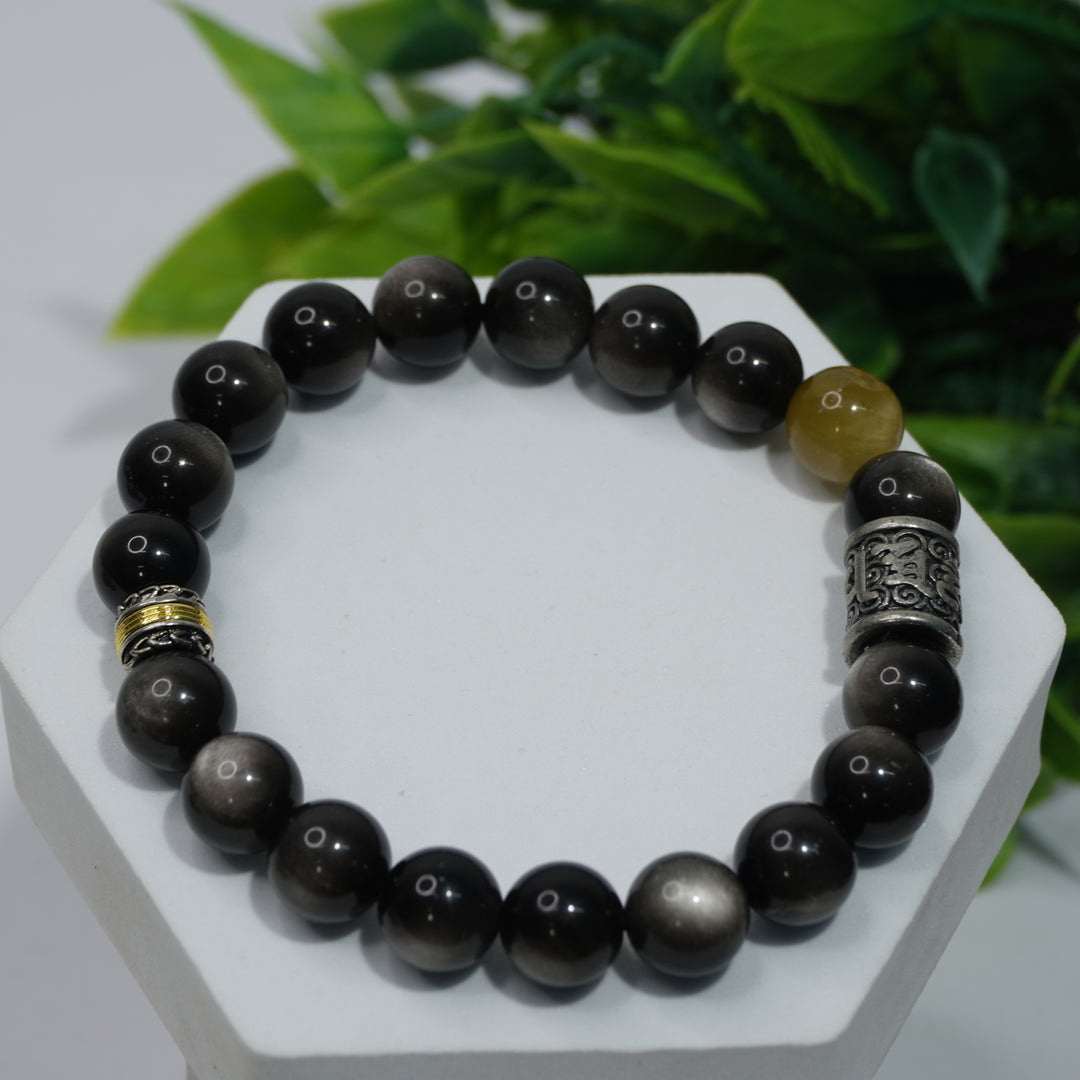 Silver Obsidian & Cat's Eye Bracelet : Protection & Insight