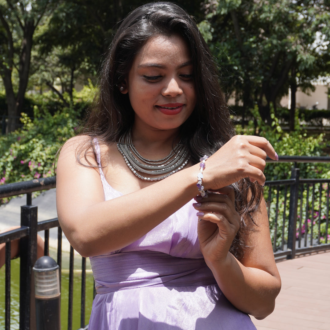 Amethyst Bracelet: Lotus and Heart Charms