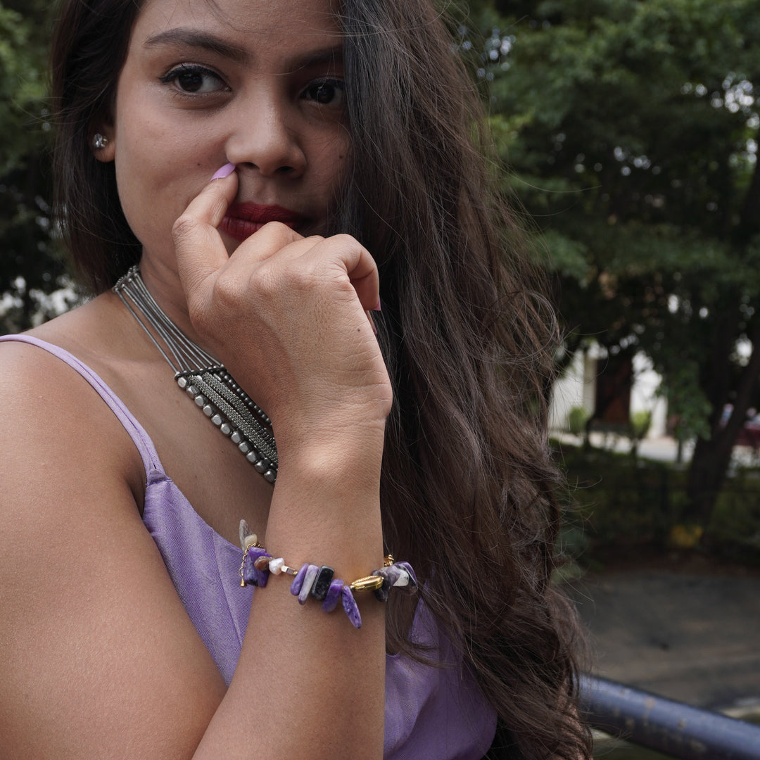 Charoite Bracelet: Cowrie and Plus Charms