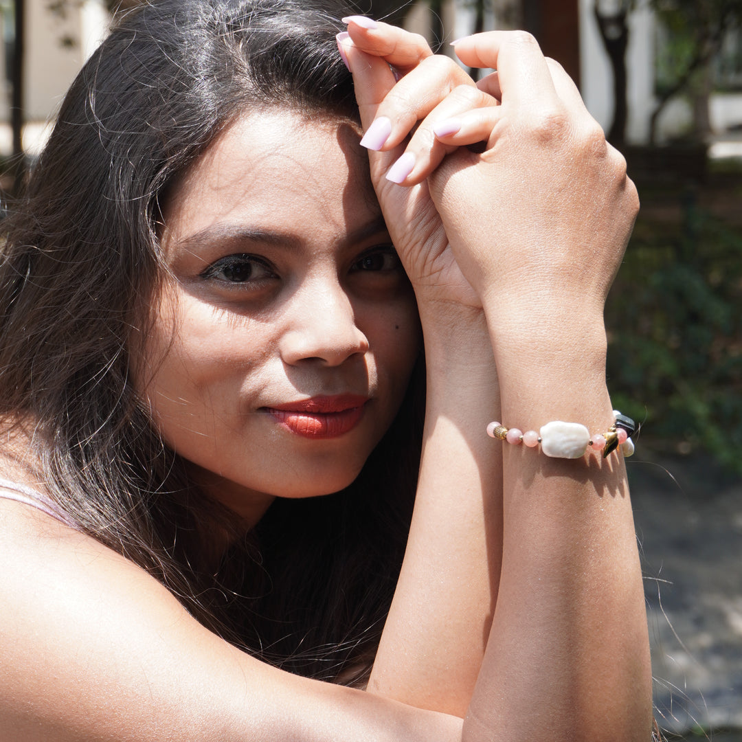 Pink Tourmaline Bracelet: Pearl and Conch Charm