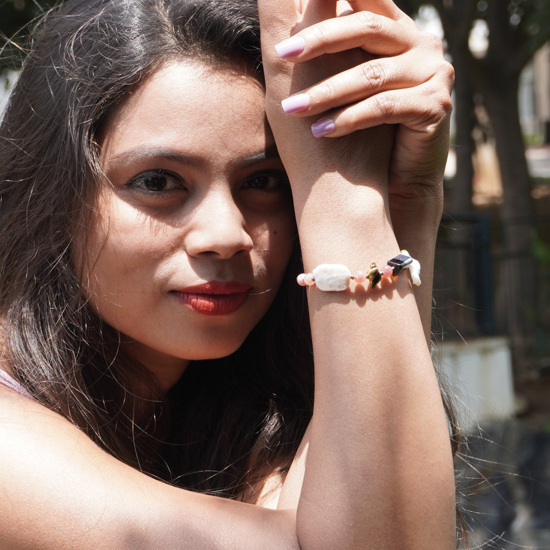 Pink Tourmaline Bracelet: Pearl and Conch Charm