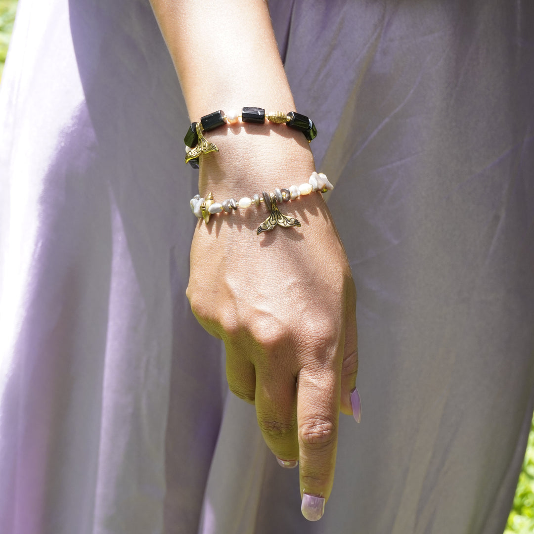Botswana Agate Bracelet: Wings and Conch Charm