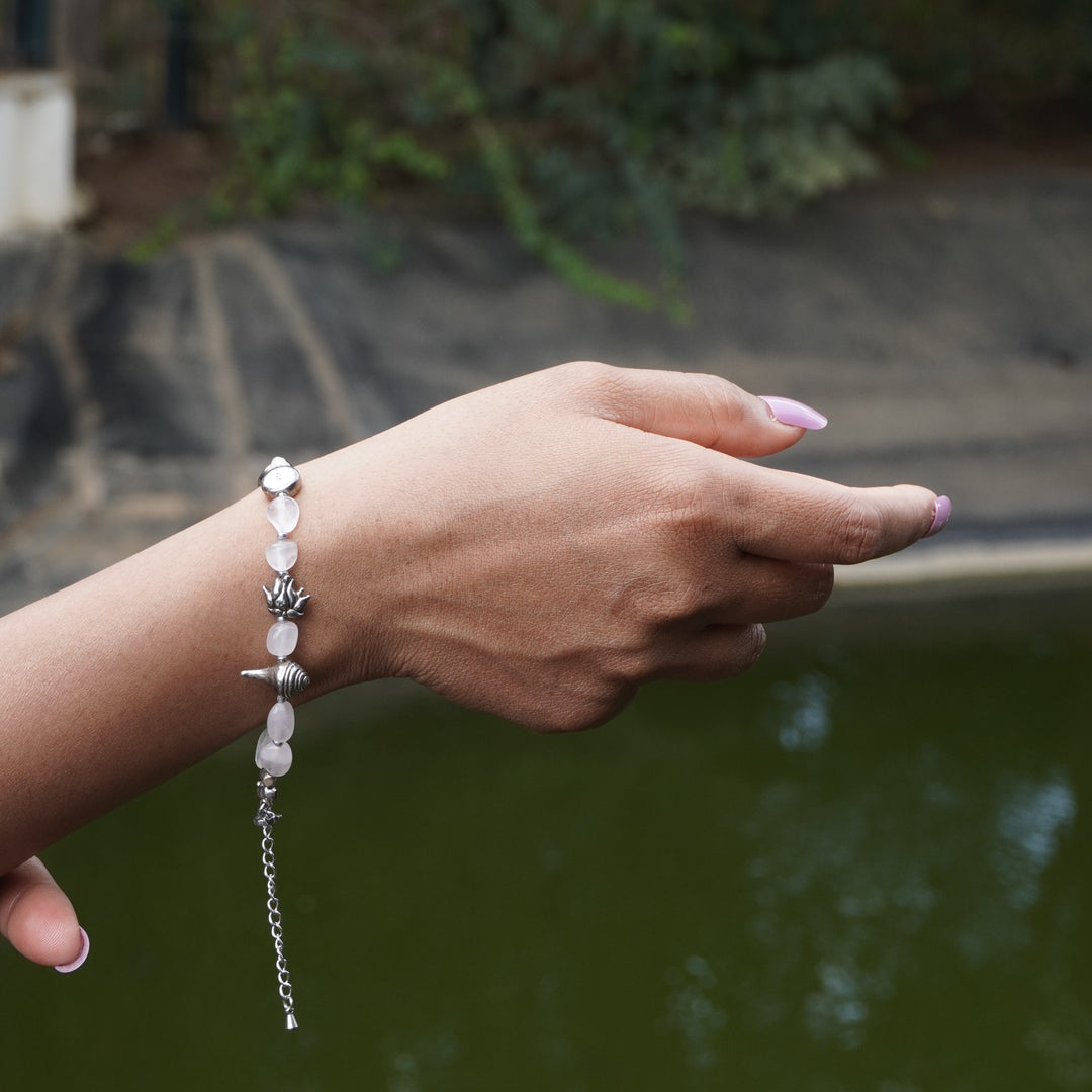 Rose Quartz Bracelet: Conch and Lotus Charm