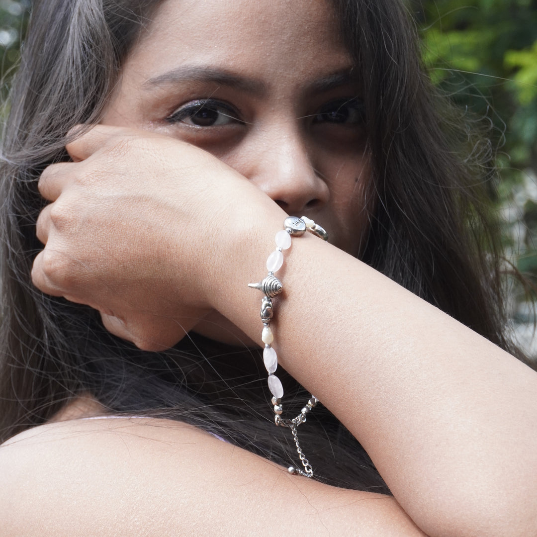 Rose Quartz Bracelet: Conch and Lotus Charm