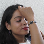 Load image into Gallery viewer, Black Onyx Silver Bracelet - Flower Pattern
