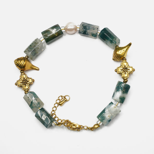 Green Moss Agate Bracelet: Plus and Conch Charms - Love Rocks