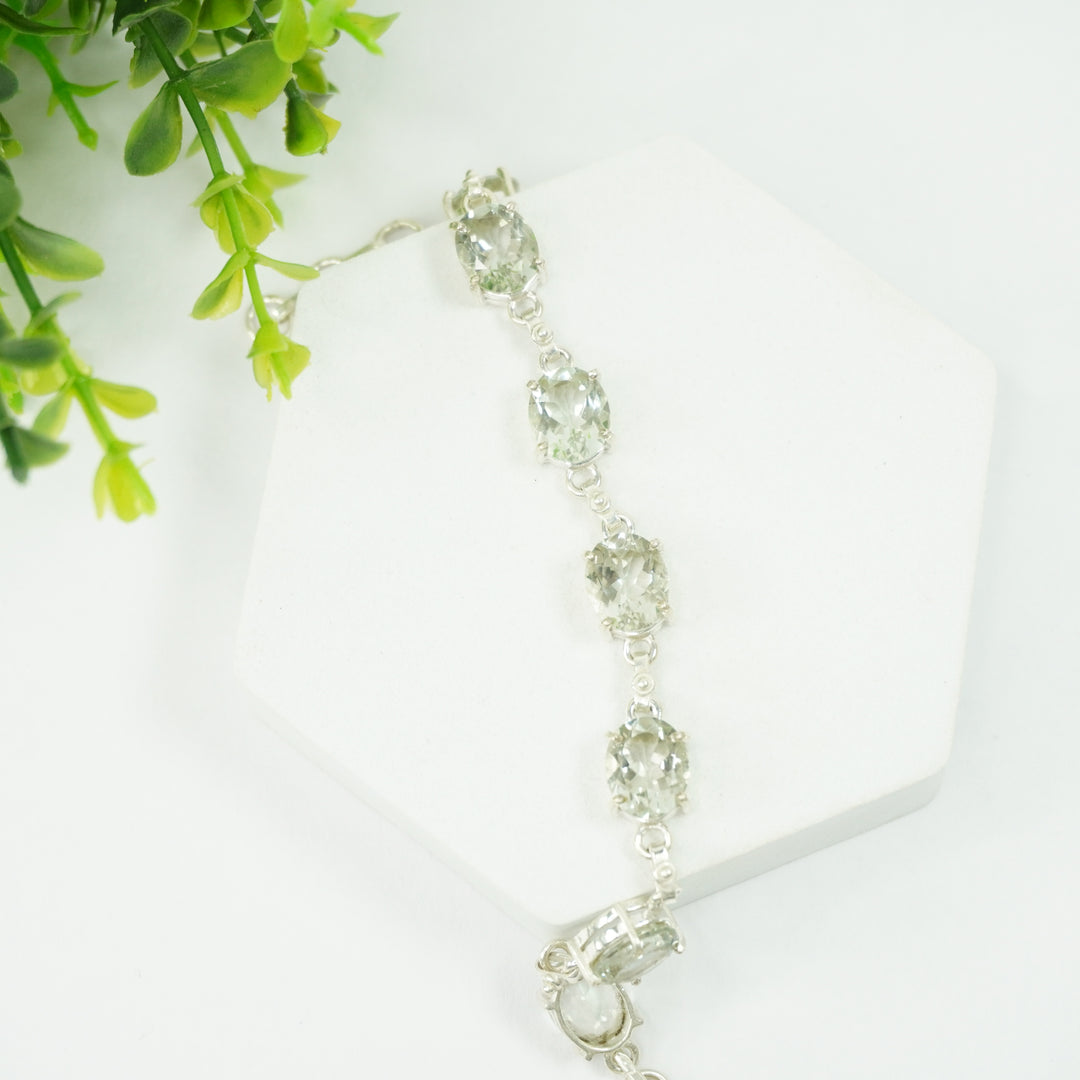 Green Amethyst Silver Bracelet - Medium Oval Beads