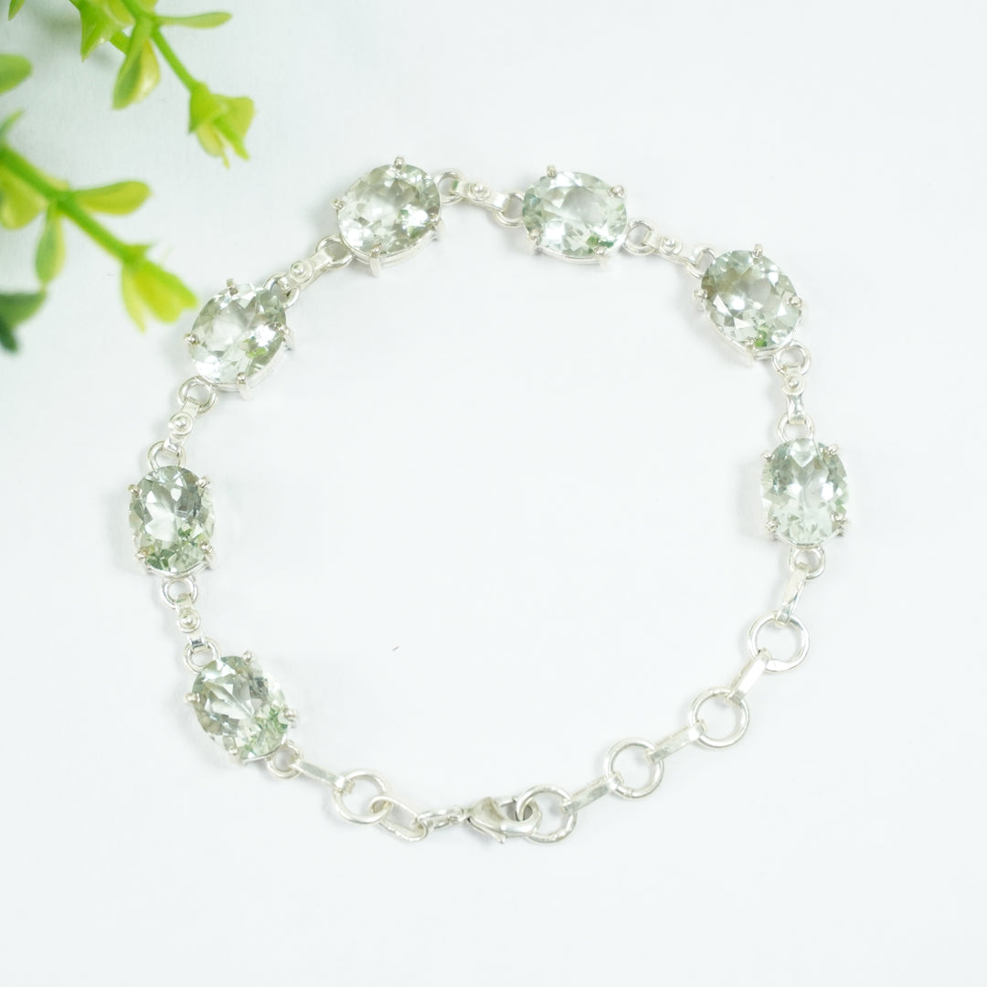 Green Amethyst Silver Bracelet - Medium Oval Beads