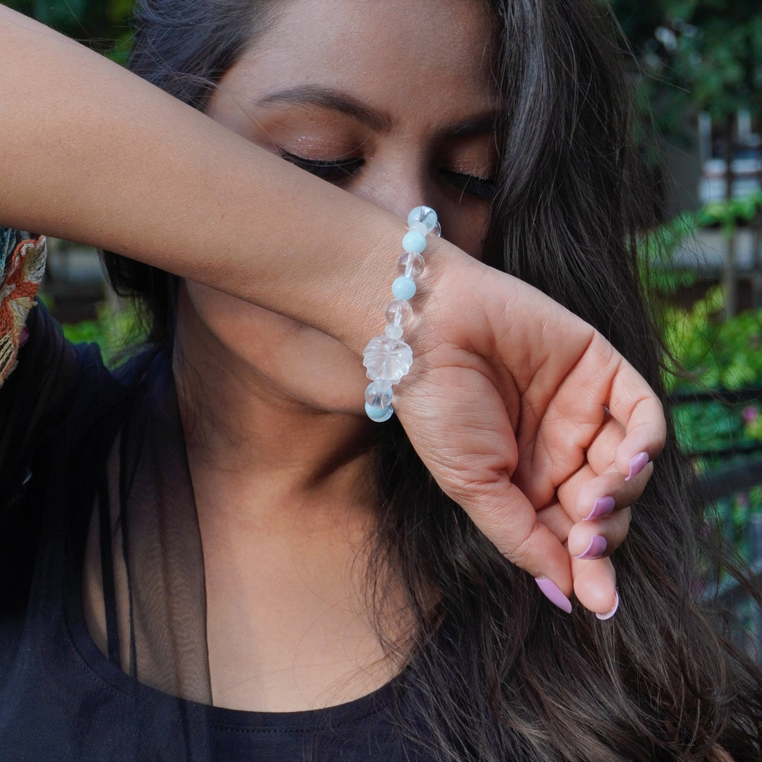 Aquamarine & Clear Quartz Fox Bracelet: Calm & Wisdom
