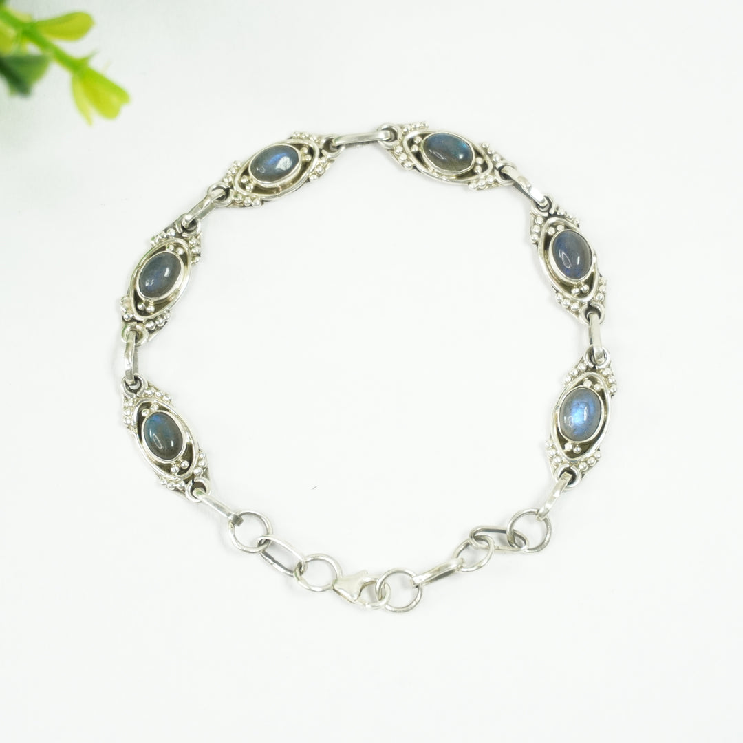 Labradorite Silver Bracelet - Oval with Design