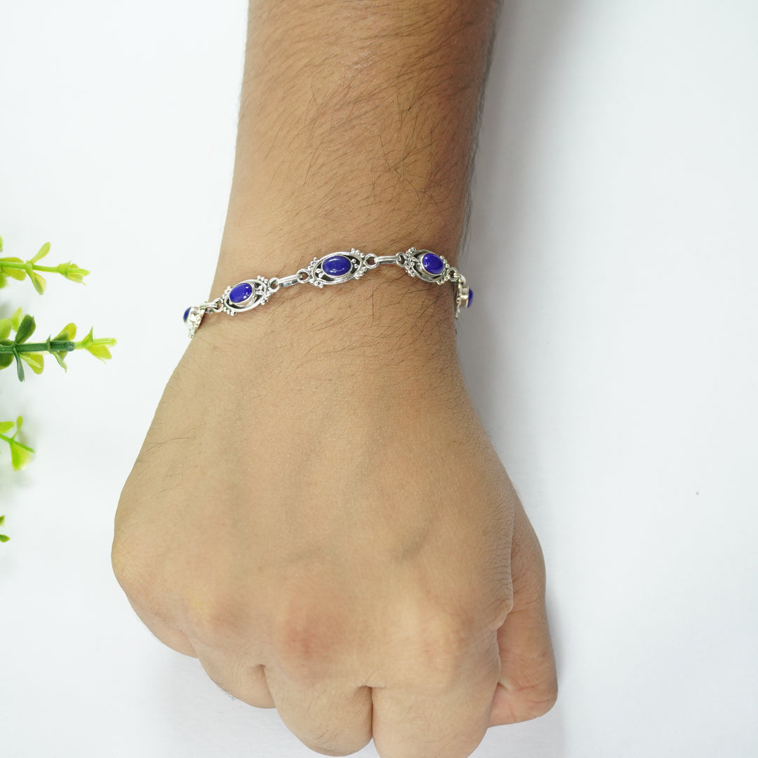 Lapis Lazuli Silver Bracelet - Oval with Design