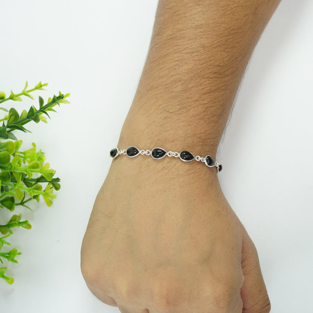 Black Onyx Silver Bracelet - Drop Beads