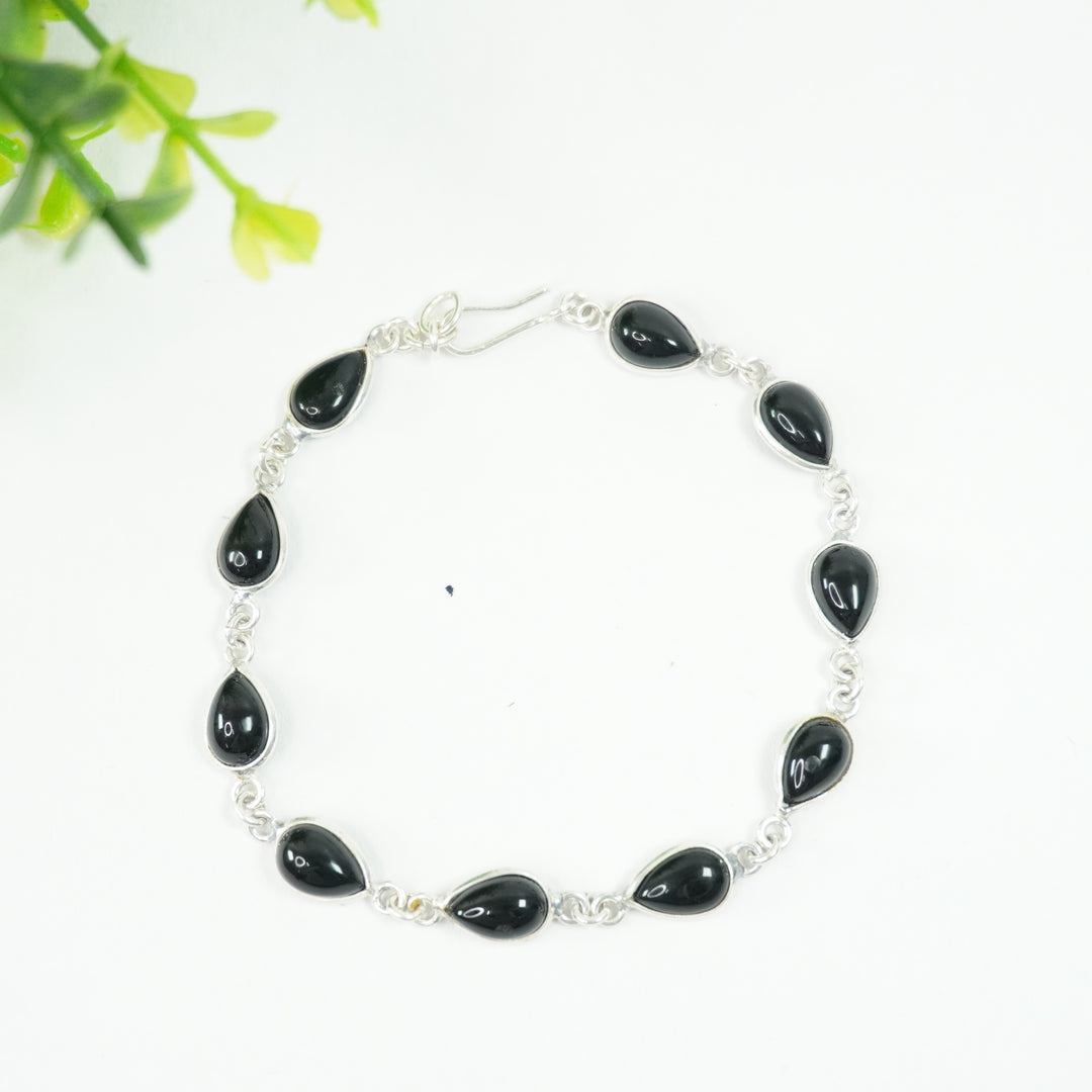 Black Onyx Silver Bracelet - Drop Beads