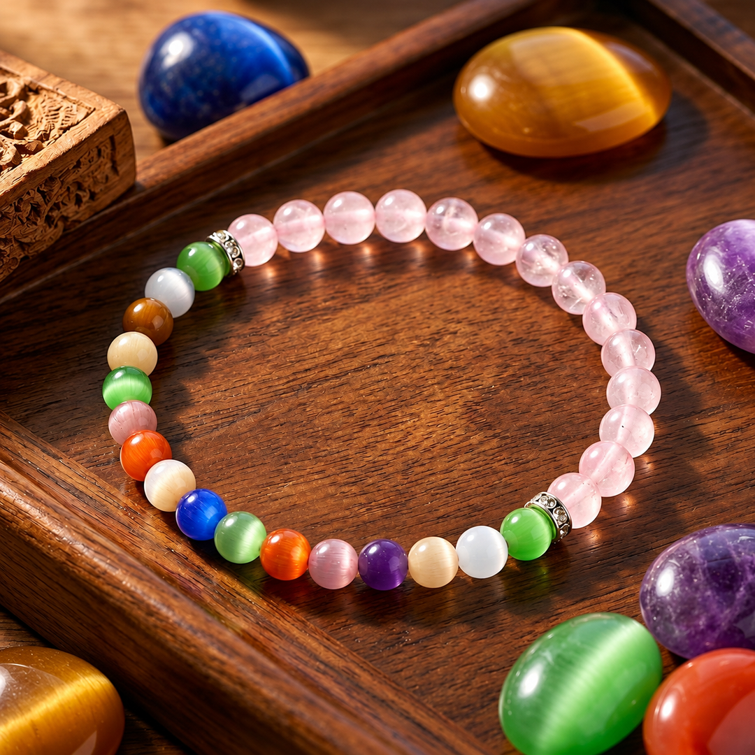 Pink Quartz Bracelet: Colorful Cat's Eye Stones