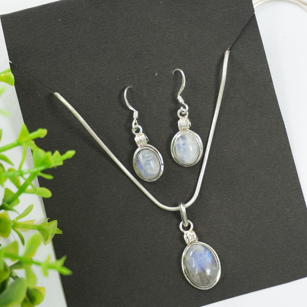 Rainbow Moonstone Silver Pendant and Earrings - Oval