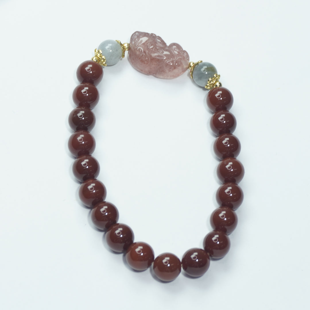 Red Agate & Strawberry Quartz Pixiu Bracelet : Specialty design attracts luck, wealth & love.