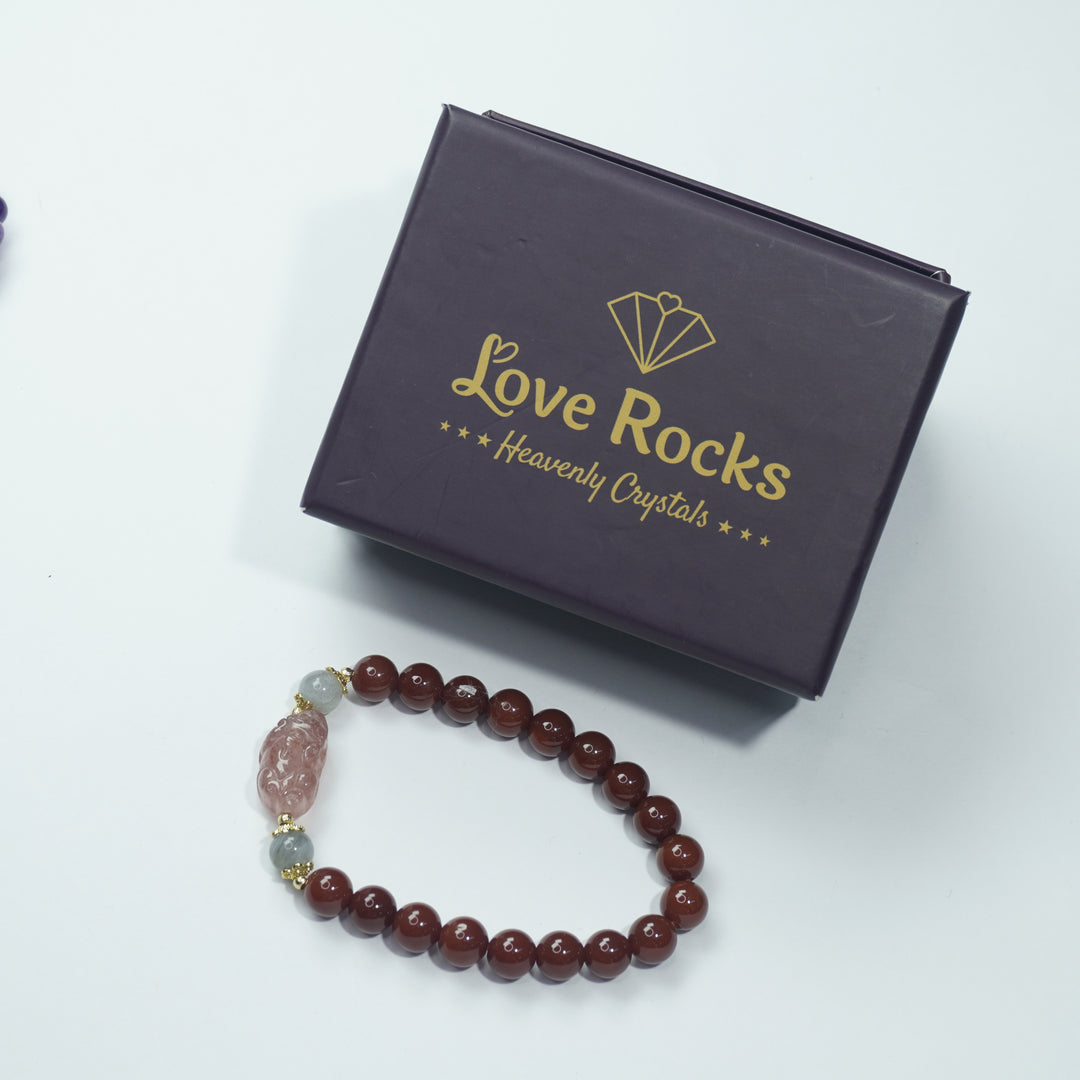 Red Agate & Strawberry Quartz Pixiu Bracelet : Specialty design attracts luck, wealth & love.