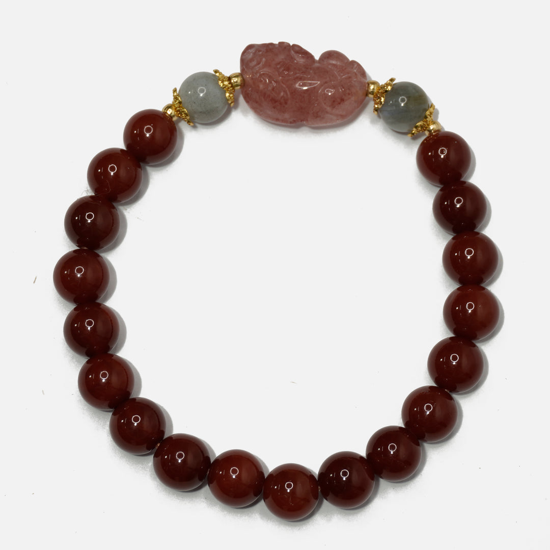 Red Agate & Strawberry Quartz Pixiu Bracelet : Specialty design attracts luck, wealth & love.