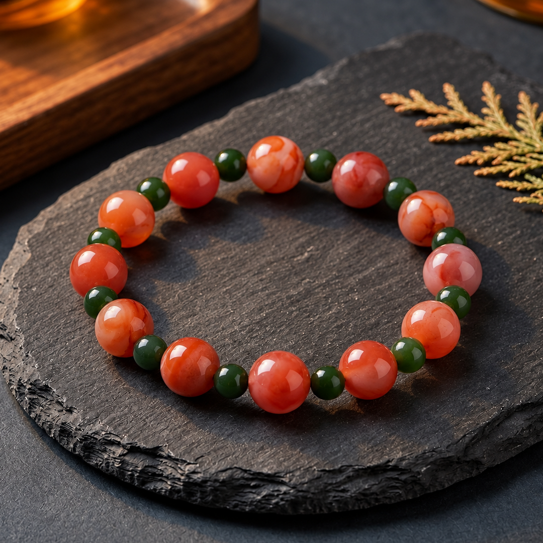 Red Agate Bracelet: Green Jasper Tiny Beads