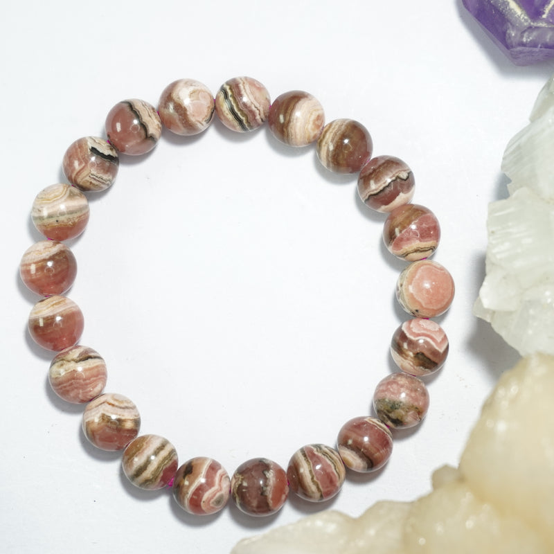 Rhodochrosite Bracelet: Self Worth - Round Beads 8mm