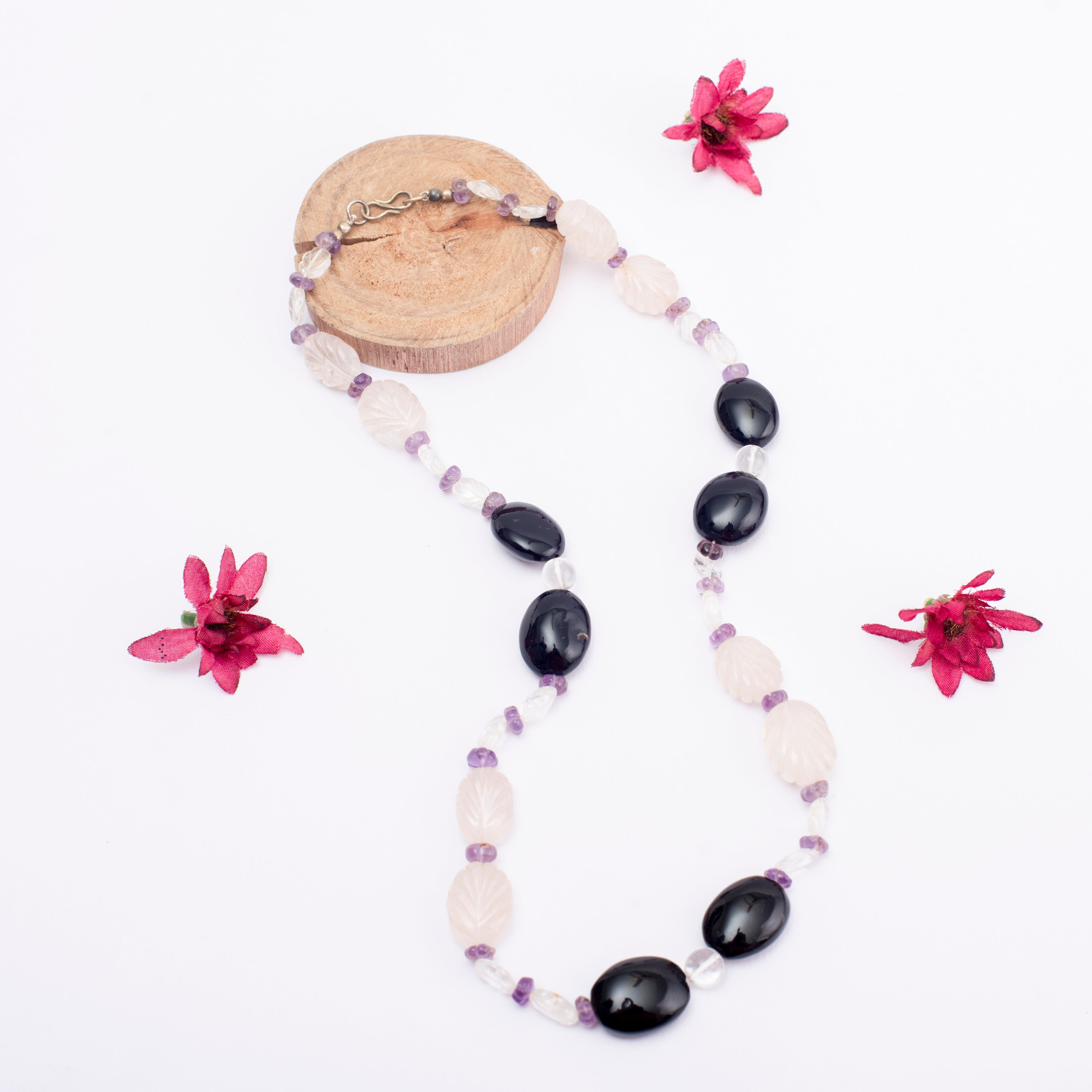 Rose Quartz, Clear Quartz, Amethyst and Black Spinel Necklace