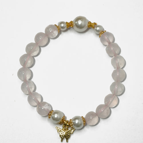 Rose Quartz & Pearls Bracelet: Butterfly Charm
