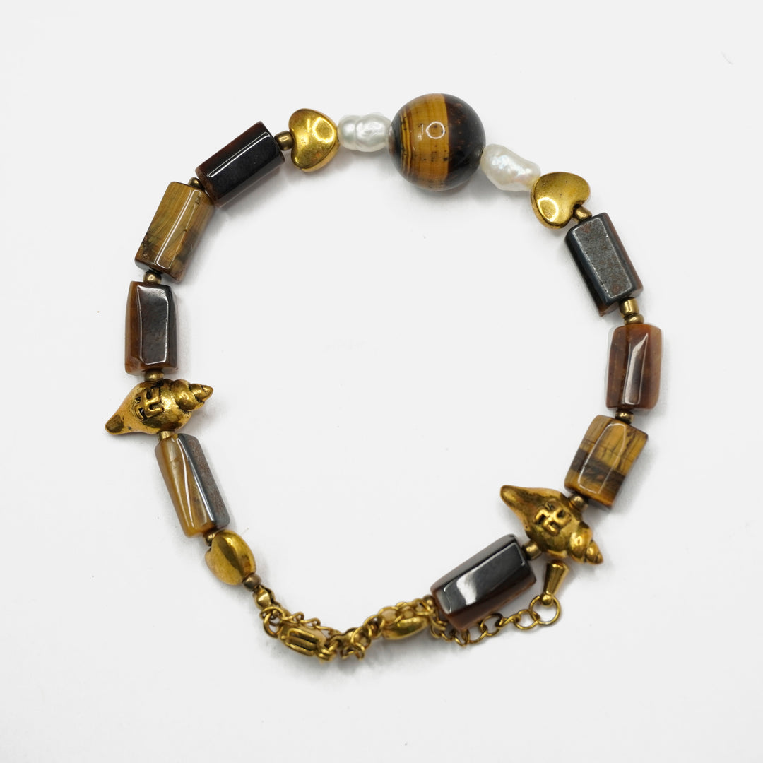 Tiger's Eye Bracelet: Conch and Heart Charms