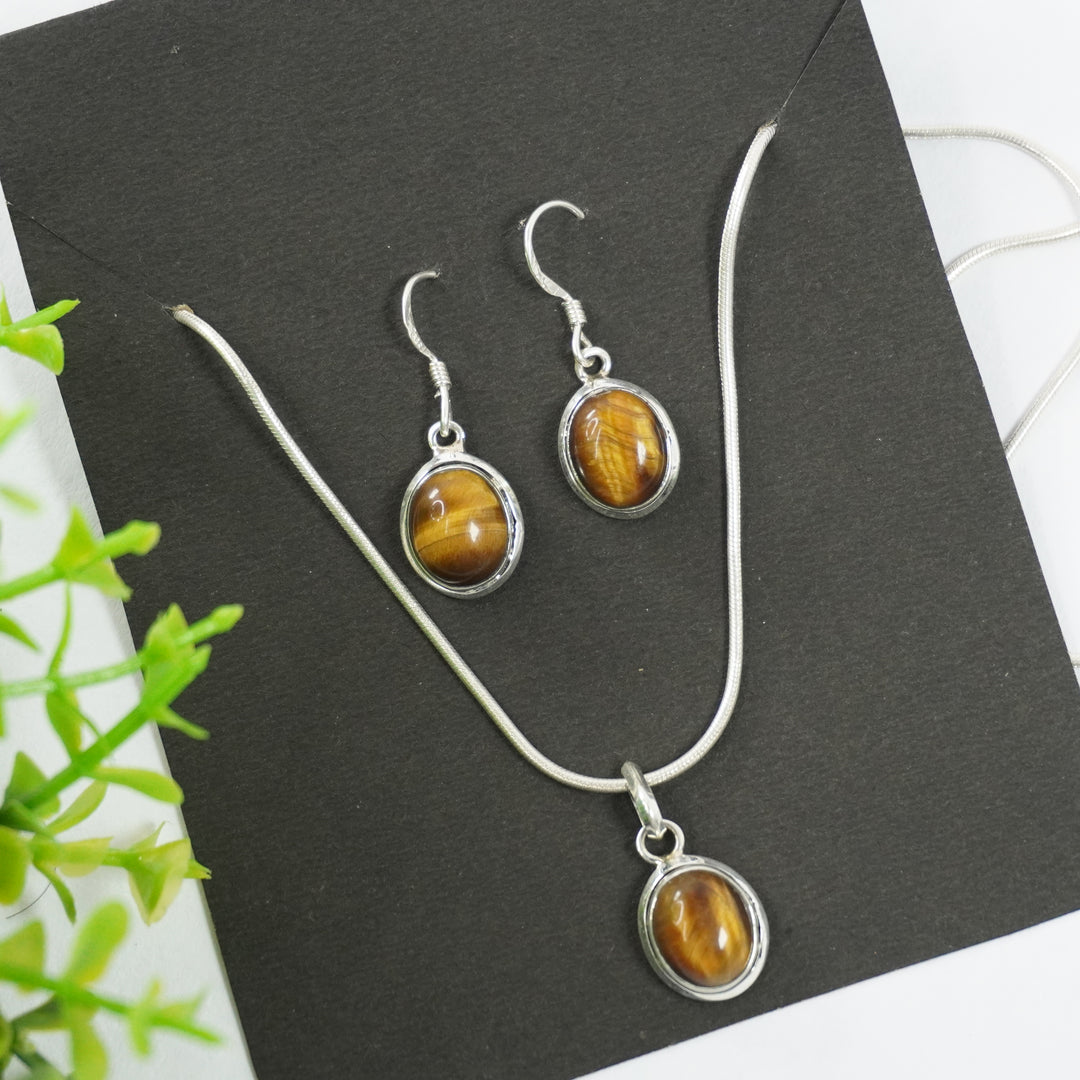 Tiger's Eye Silver Pendant and Earrings - Oval