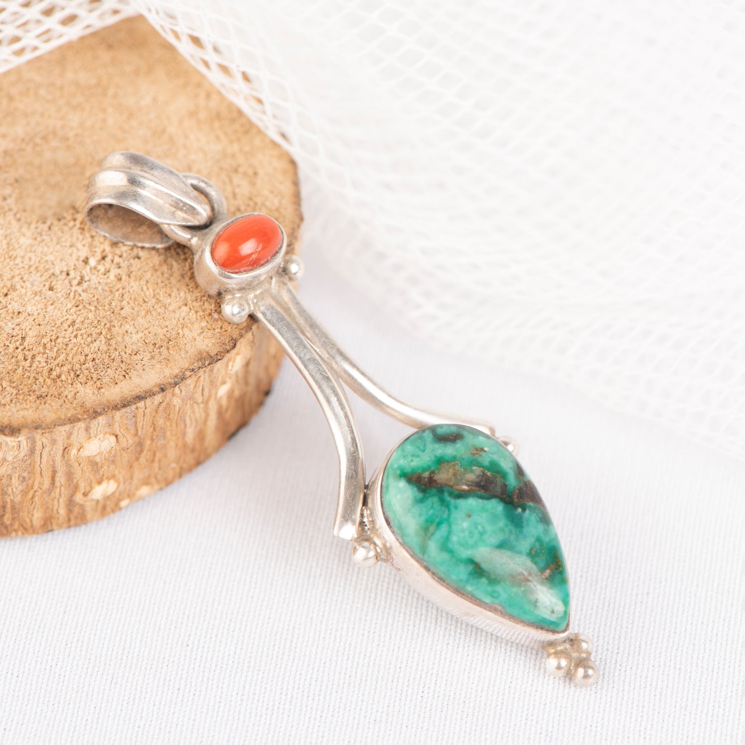 Turquoise and Coral Silver Pendant