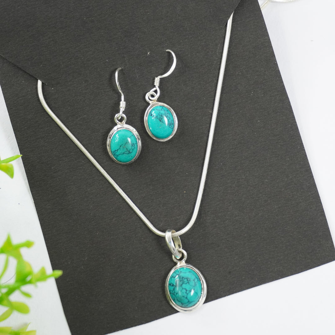 Turquoise Silver Pendant and Earrings - Medium Oval