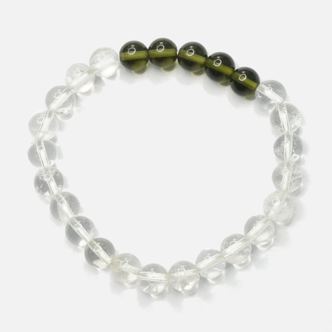 Phenakite and Moldavite Bracelet: Meditation Awareness - Round Beads 8mm