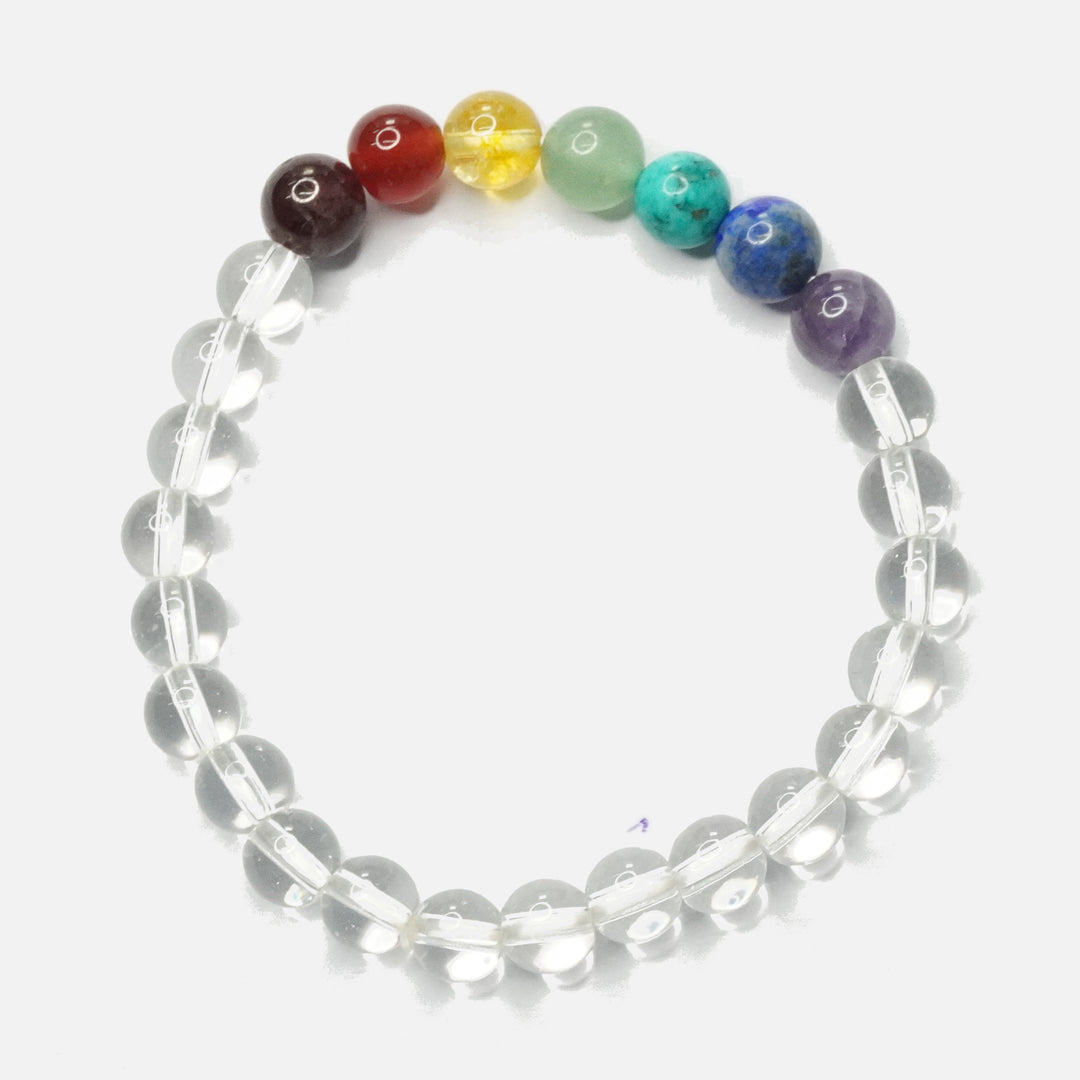 Clear Quartz (Spatika) Bracelet: Spiritual Awareness - with Chakra Stones Round Beads 8mm