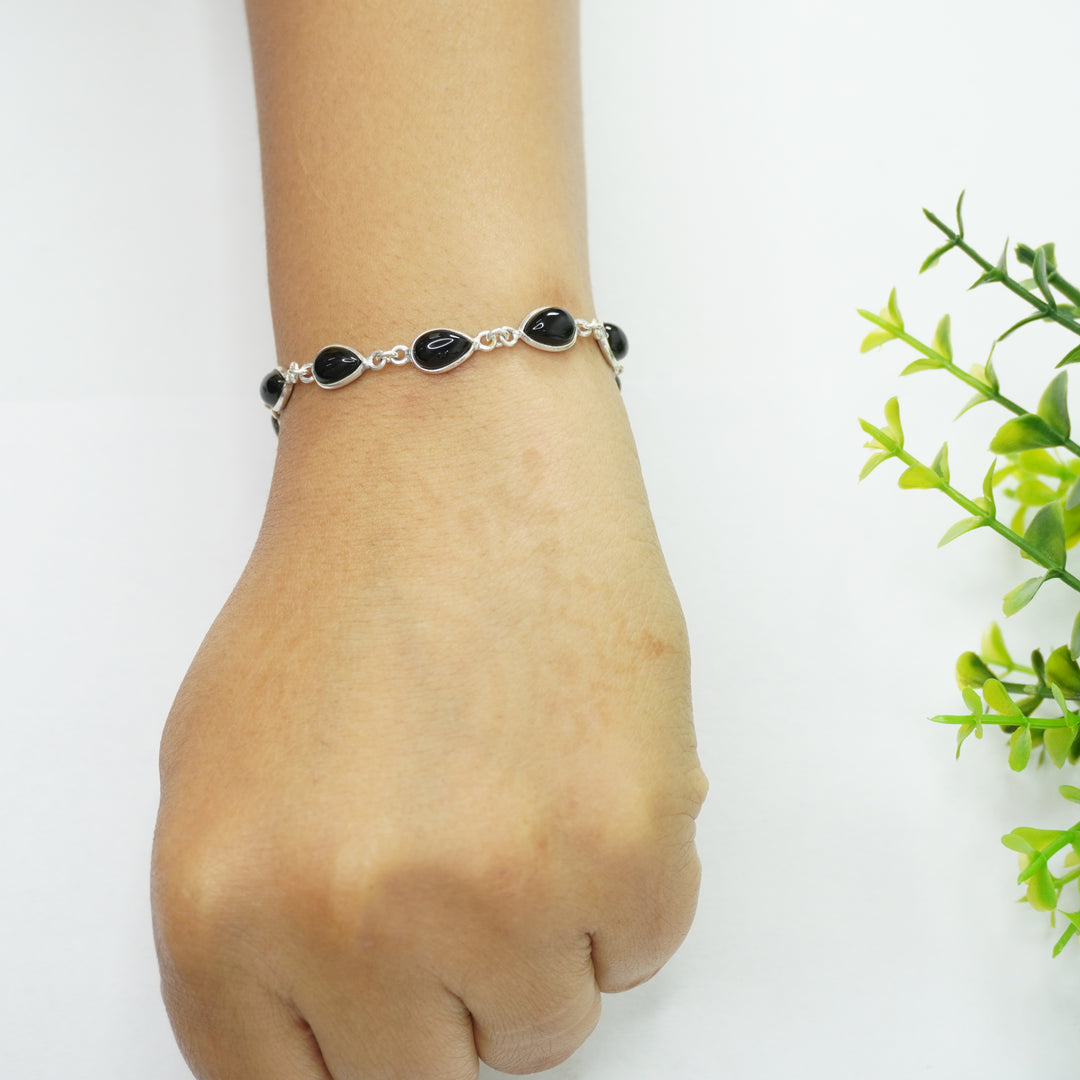 Black Onyx Silver Bracelet - Drop Beads