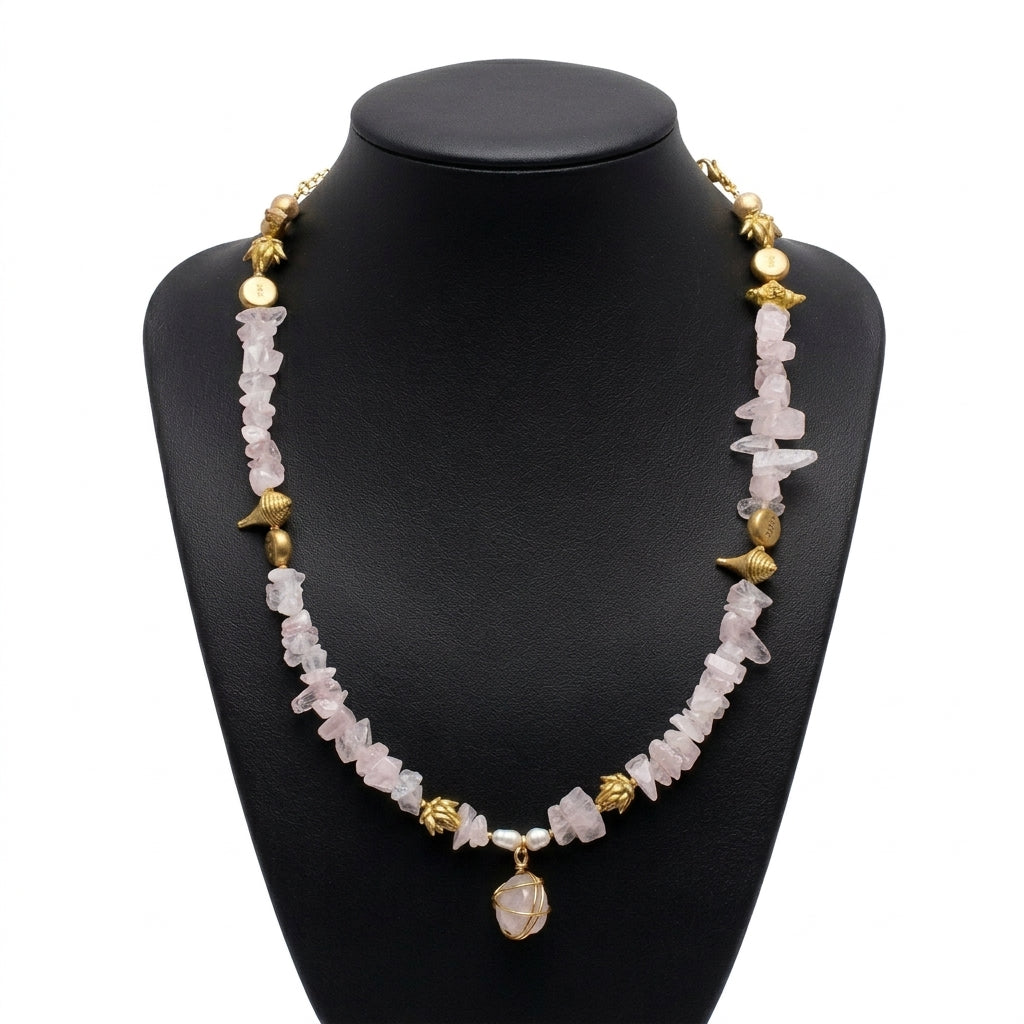 Rose Quartz Necklace: Lotus, Conch and Heart Charms