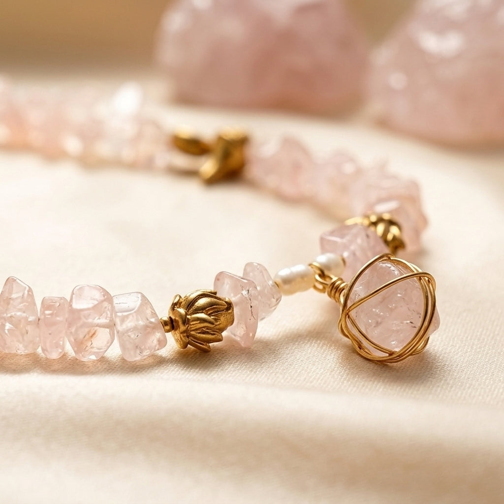 Rose Quartz Necklace: Lotus, Conch and Heart Charms