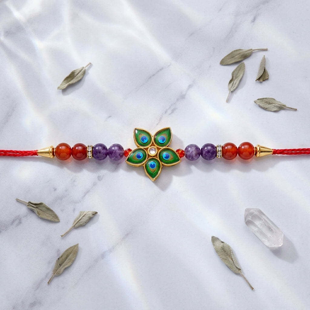Auralite & Red Carnelian Peacock Charm Rakhi