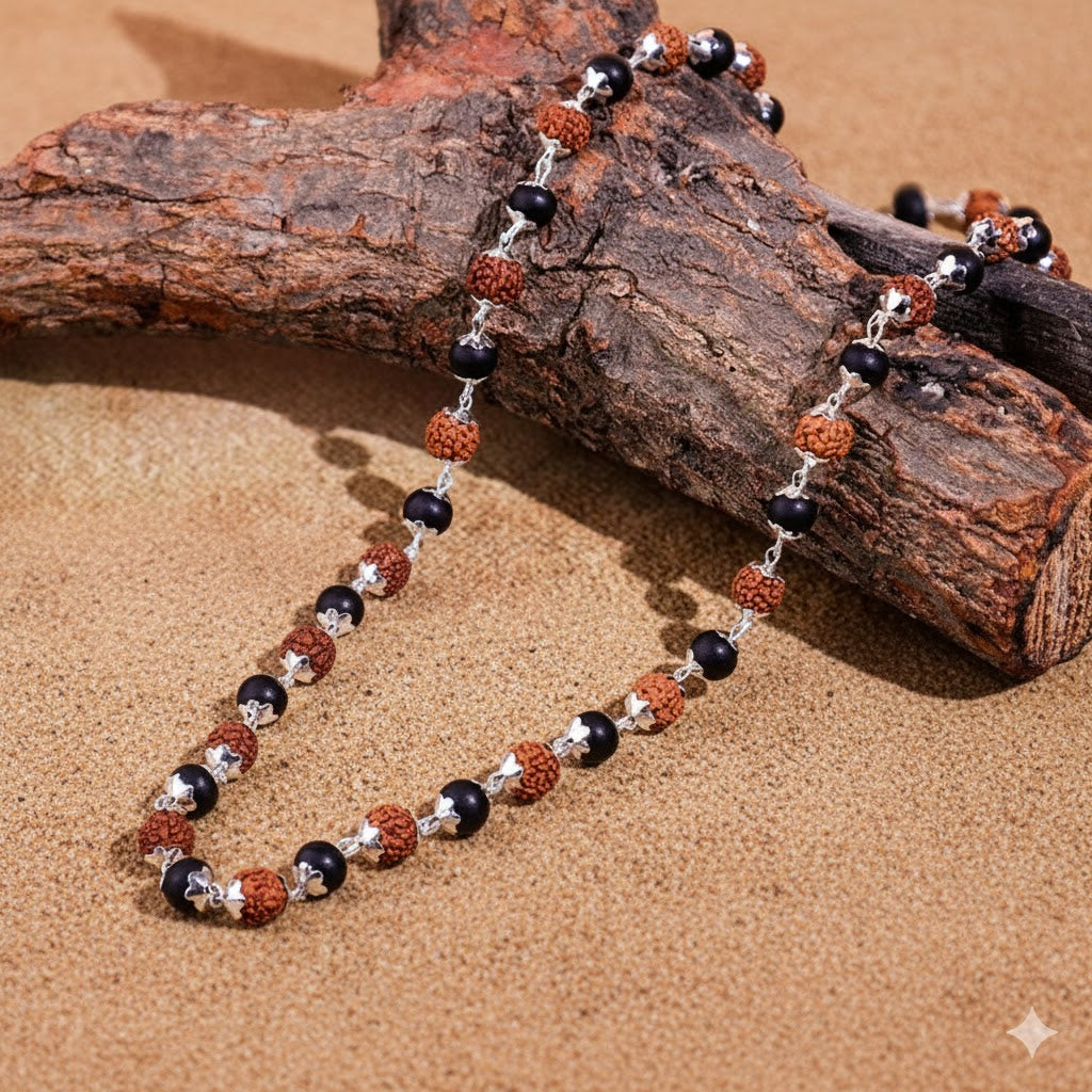 Silver Plated Divya Rudraksha Karungali Mala : Protection, Purity & Strength