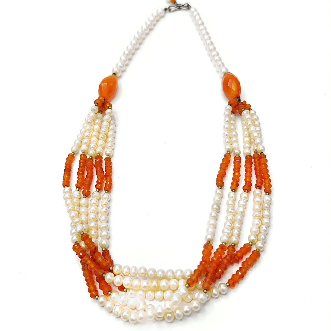 Pearls with Carnelian Necklace - Five Layered